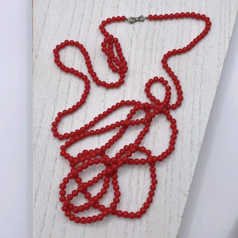60” Antique Red Glass Opera Length Necklace